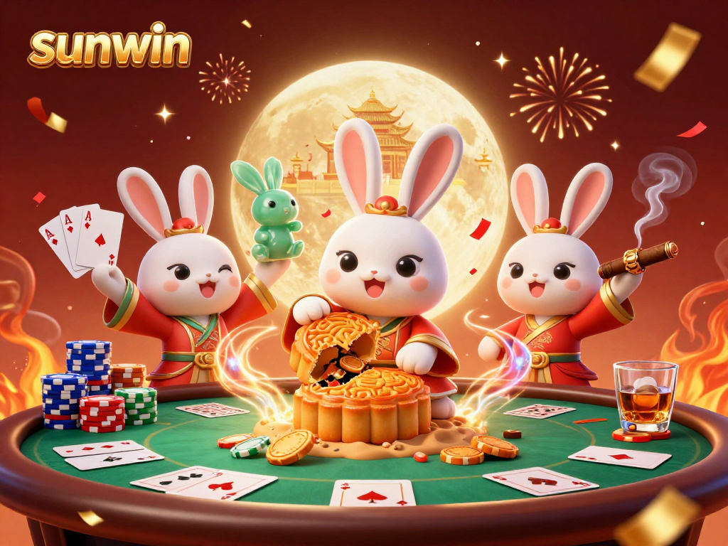 Experience sunwin excitement with a moon rabbit cracking open mooncakes revealing poker chips.