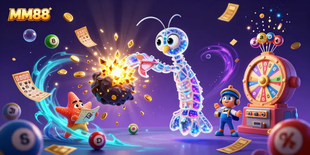 MM88 features a galactic samurai mantis shrimp surrounded by vibrant casino elements like lottery balls and golden tickets.