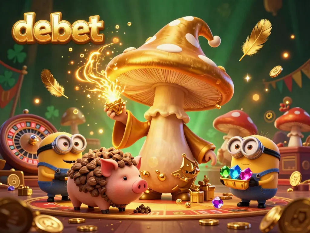 Bet on exciting games with debet, featuring a magical wizard and treasures in a vibrant casino.