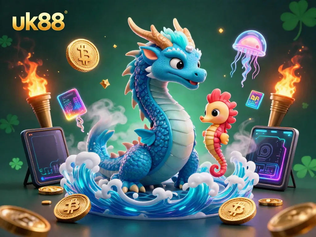 Engage with uk88's vibrant gaming world featuring a dragon and seahorse knight amidst neon graphics.