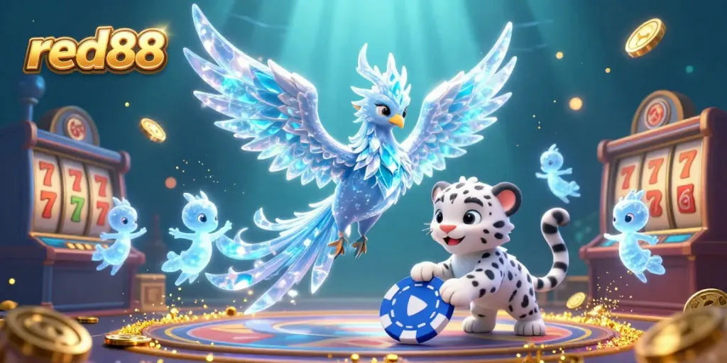 Experience the magic of red88 with an enchanting 3D scene featuring a phoenix and playful creatures amidst casino vibes.