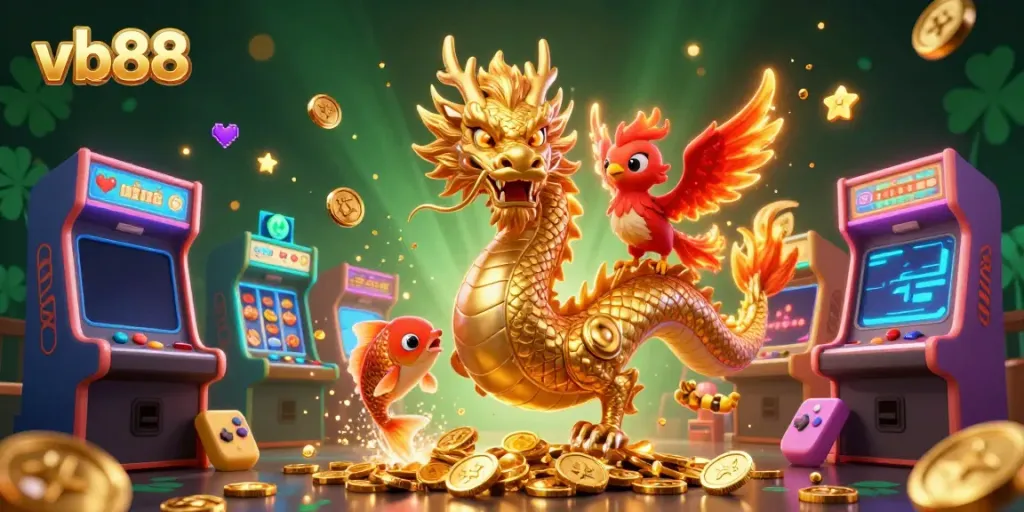 Experience the thrills of winning with vb88's vibrant casino illustration featuring a dragon, phoenix, and koi fish.