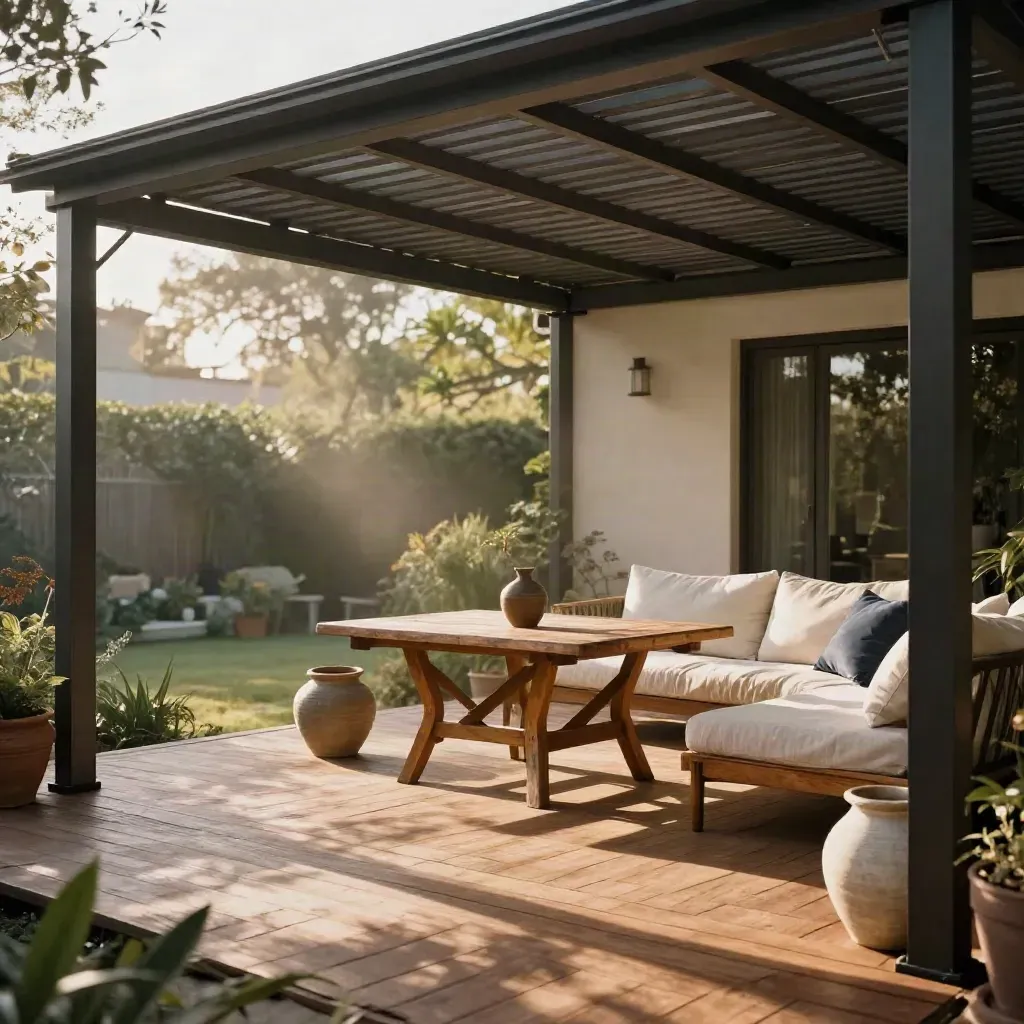 Výsuvná pergola nad terasou, půl otevřená, s nábytkem a květináči v letním světle.