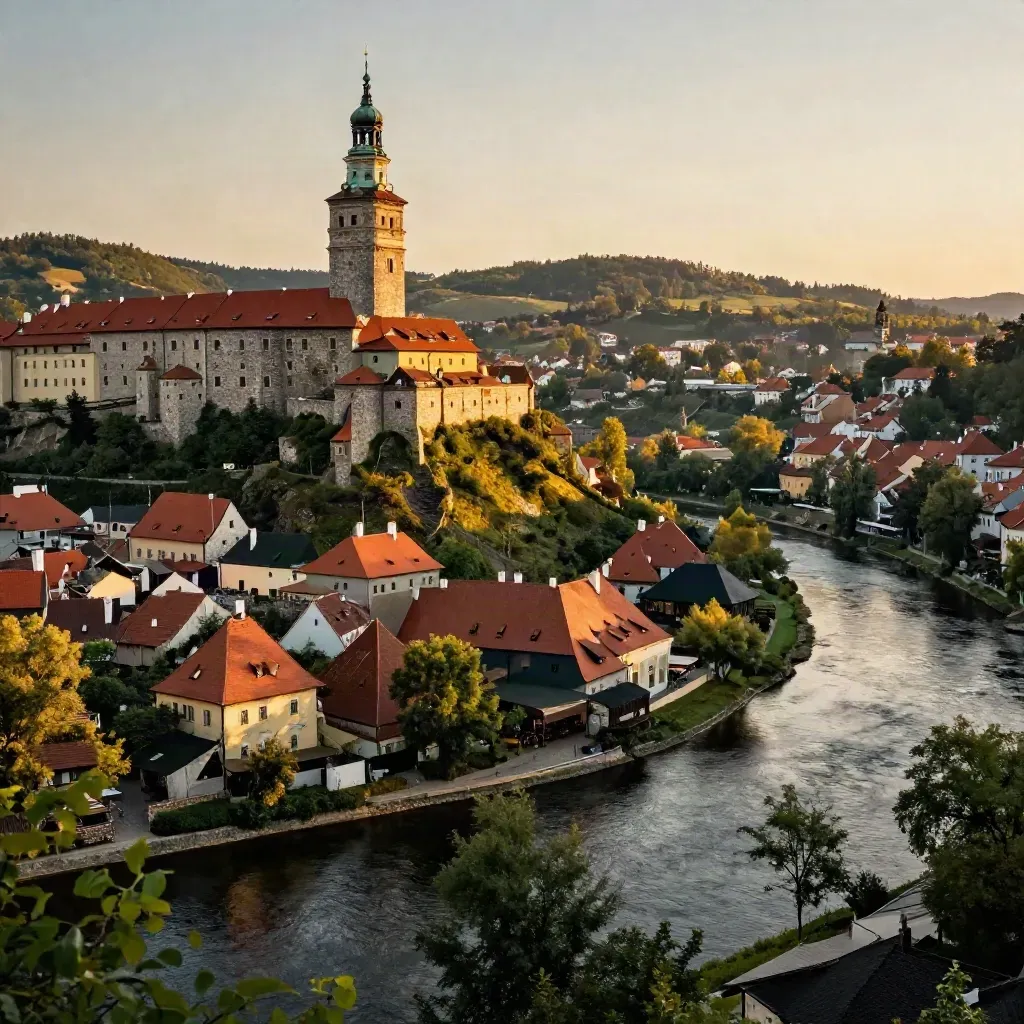 Zámek Český Krumlov nad meandry Vltavy v teplém zlatém oparu.