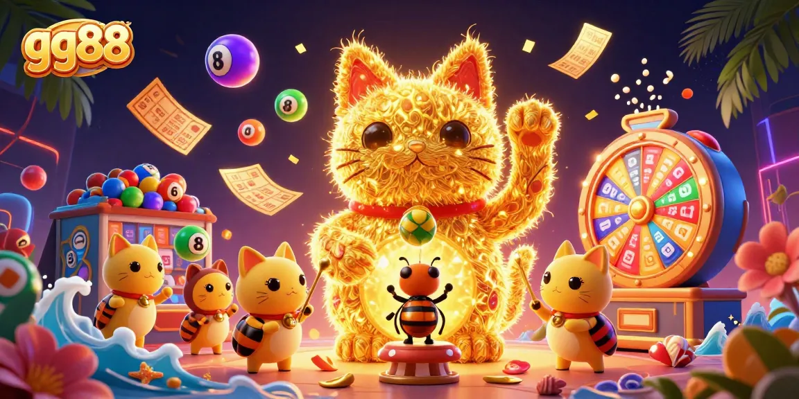 Experience the excitement of gg88 with a vibrant casino-themed illustration featuring a lucky cat and dynamic game elements.