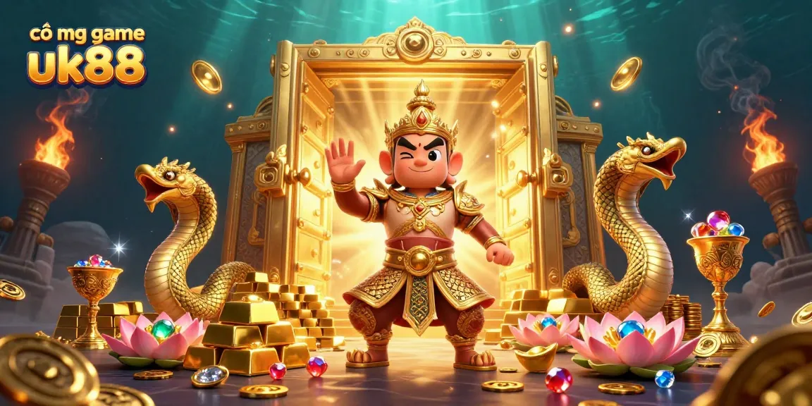 Experience the excitement of cổng game uk88 with vibrant characters and dazzling treasures in this captivating illustration.