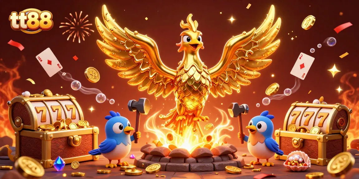 Experience excitement at tt88 with a 3D illustration of a molten phoenix amidst colorful casino treasures.