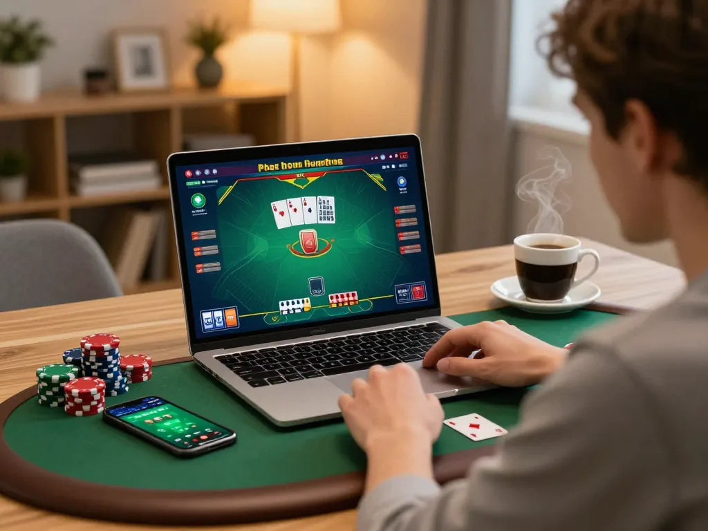 MM88 player engaged in online poker on laptop, showcasing an exciting gaming atmosphere.