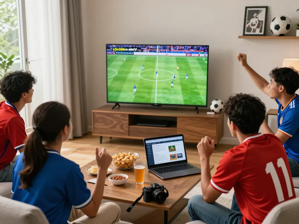 Excited fans enjoying a live football match through lương sơn tv in a cozy living room while sharing snacks and drinks.