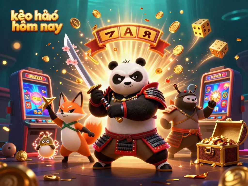Experience the excitement of kèo nhà cái hôm nay with a dynamic 3D illustration showcasing a samurai panda and a ninja fox amidst casino elements.