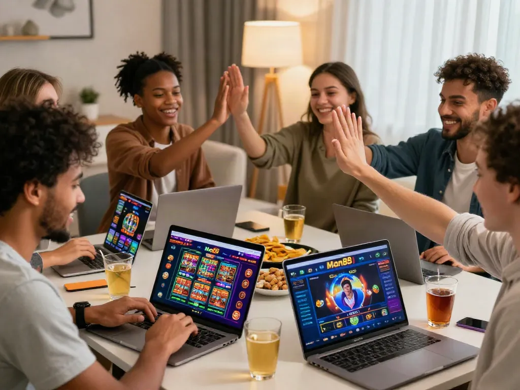 Players enjoying the Man88 online gaming experience in a lively living room.