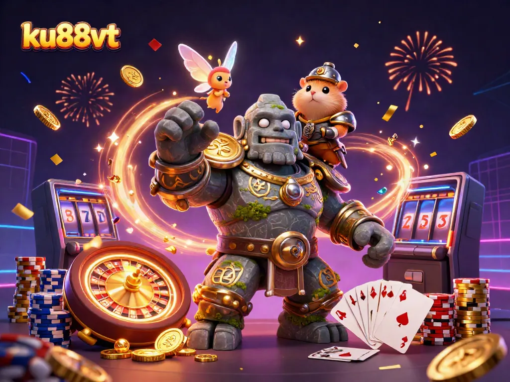 Experience thrilling gaming at ku88vt with magical characters, coins, and vibrant casino elements.