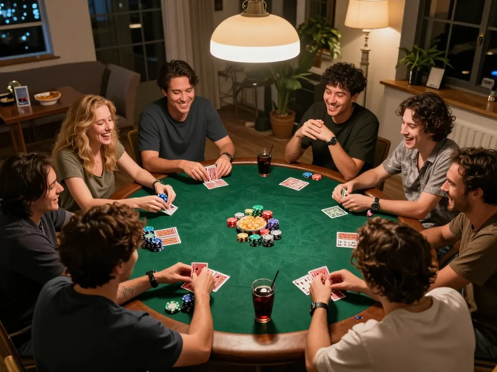 Players enjoying a thrilling poker game at home, showcasing the camaraderie of gambling with friends while integrating DW8 strategies.