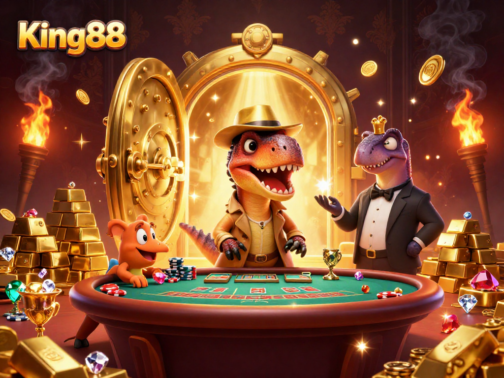 Engaging King88 gameplay with a velociraptor at a blackjack table and gold treasures.
