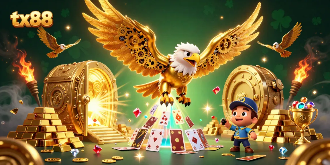 tx88 soars with a golden eagle amidst holographic cards and treasure, showcasing vibrant casino riches.