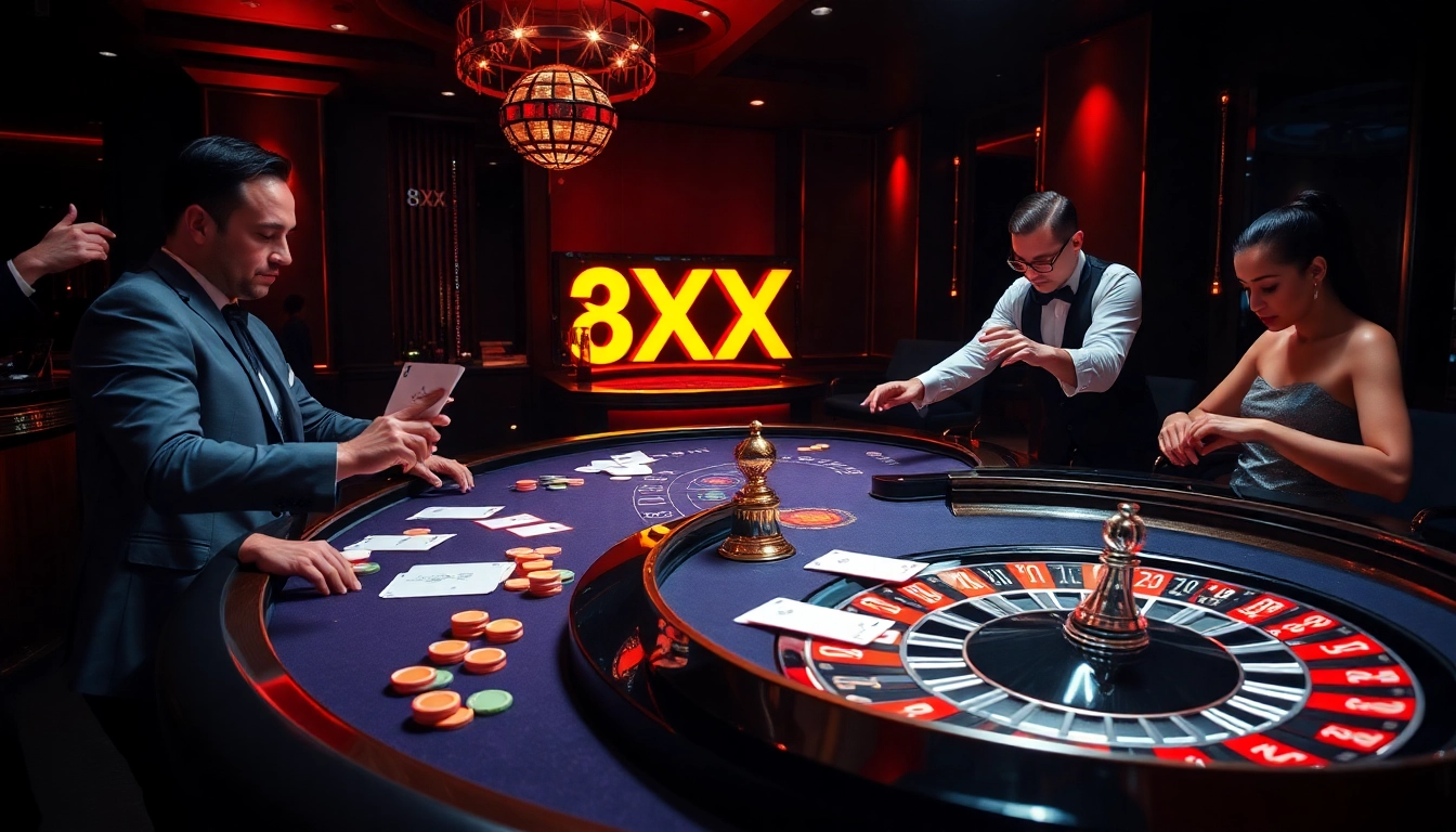 A dynamic casino scene highlighting 8XX table games, with dealers and excited players engaged in thrilling gambling activities.