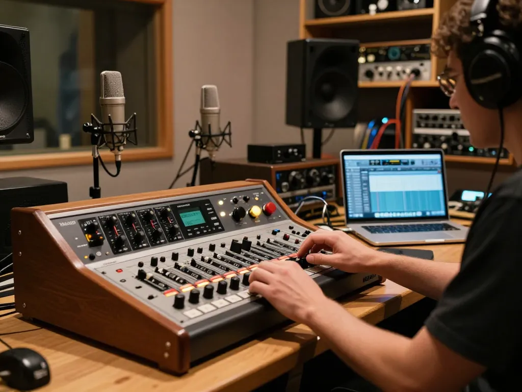 Audio engineer working with the Tascam DA-88 digital multitrack recorder in a vintage recording studio setting.