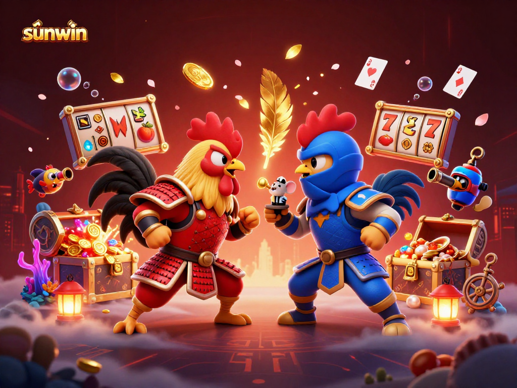 Engage in thrilling slot battles with sunwin as fighting roosters face off amidst golden treasures.