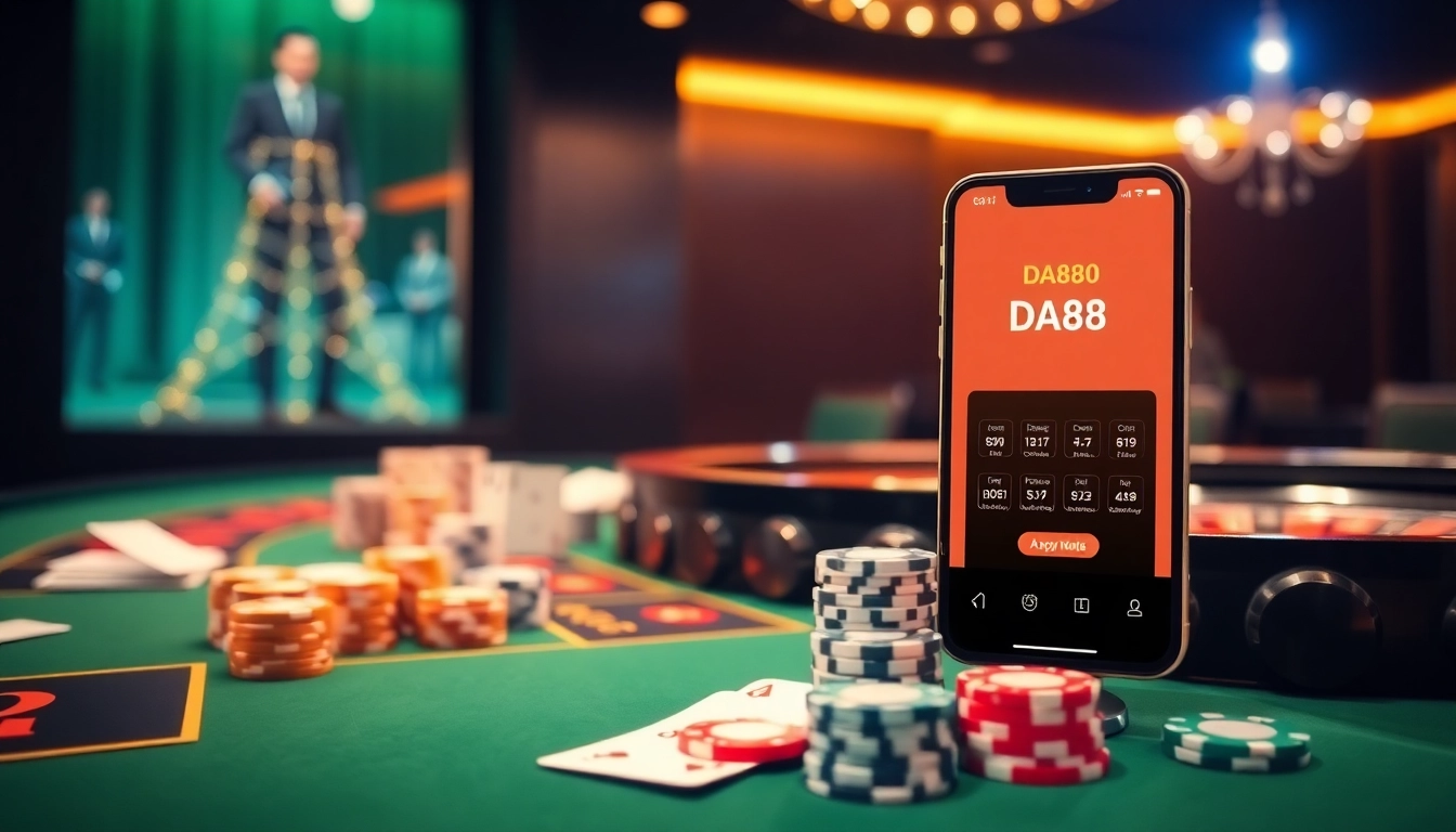 Experience the excitement of casino gaming with the DA88 APP showcased amidst roulette wheels and poker chips.