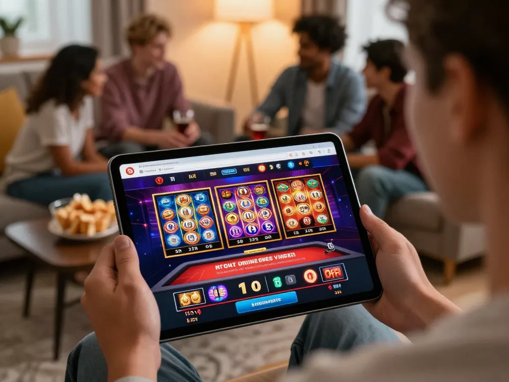 Experience engaging gameplay on CM88's vibrant online casino on a tablet in a cozy home