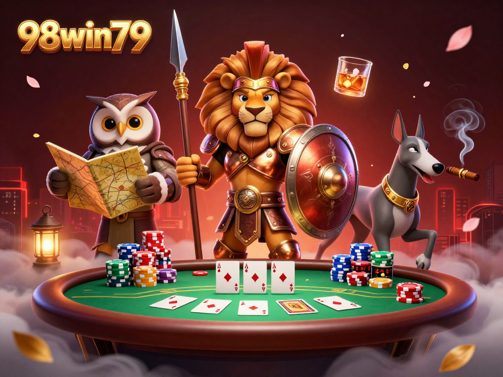 Experience thrilling poker action at 98win79 with a dynamic scene featuring a Spartan lion and vibrant casino elements.