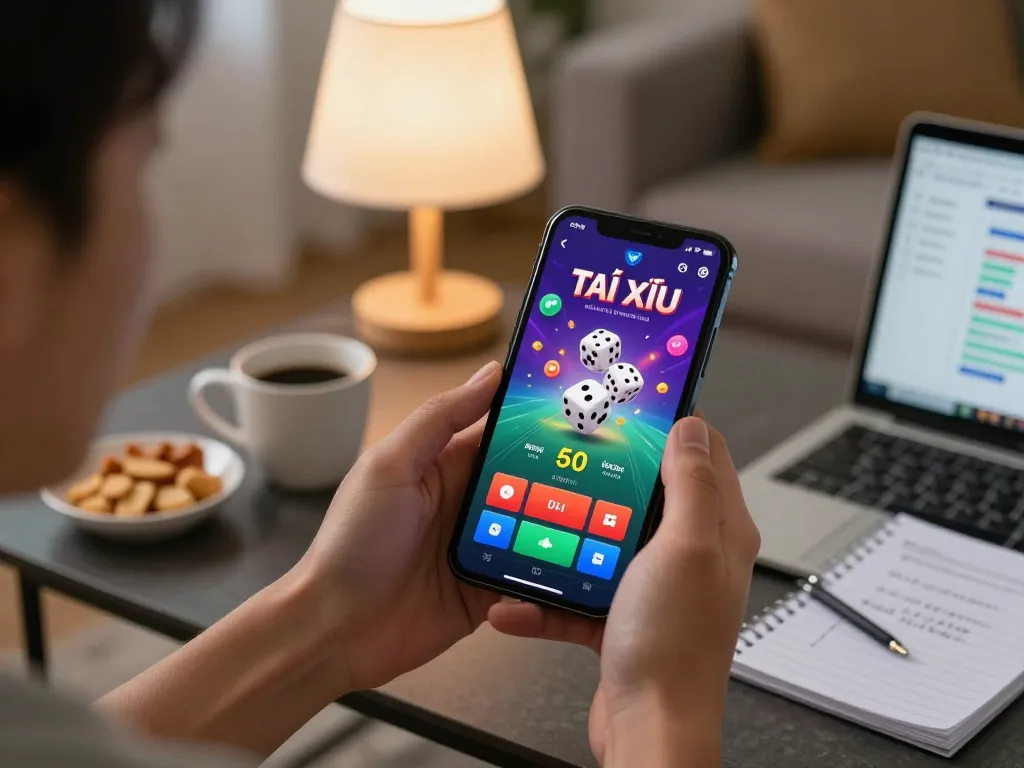 Engaging with the app tài xỉu interface showcasing dynamic gameplay on a smartphone in a cozy home setting.