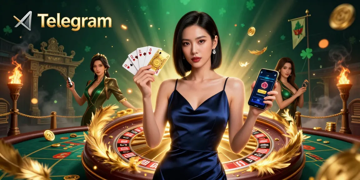 在Telegram上玩刺激的赌场游戏,一位自信的亚洲女性手握筹码和智能手机。