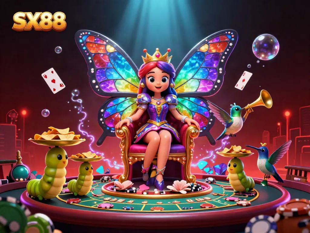 SX88 showcases an extravagant casino scene with vibrant characters in a lively environment, filled with gaming elements.