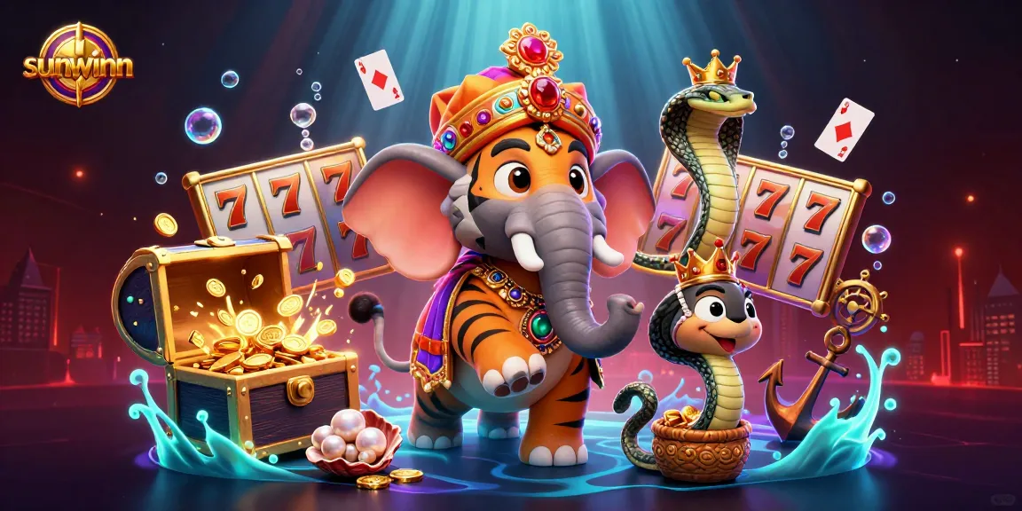 Join the excitement on sunwinn with a vibrant scene full of slot machines, lucky symbols, and exotic characters.