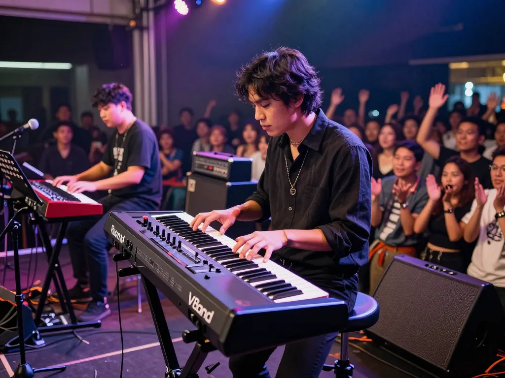 Musician performing with the VK88 combo organ on stage, engaging audience