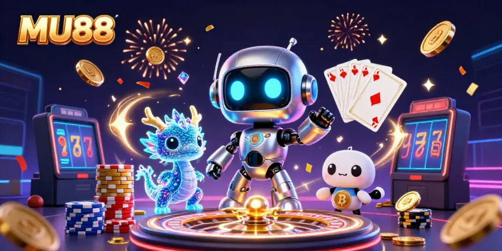 Engage in thrilling gaming at MU88 with vibrant casino elements and futuristic characters.
