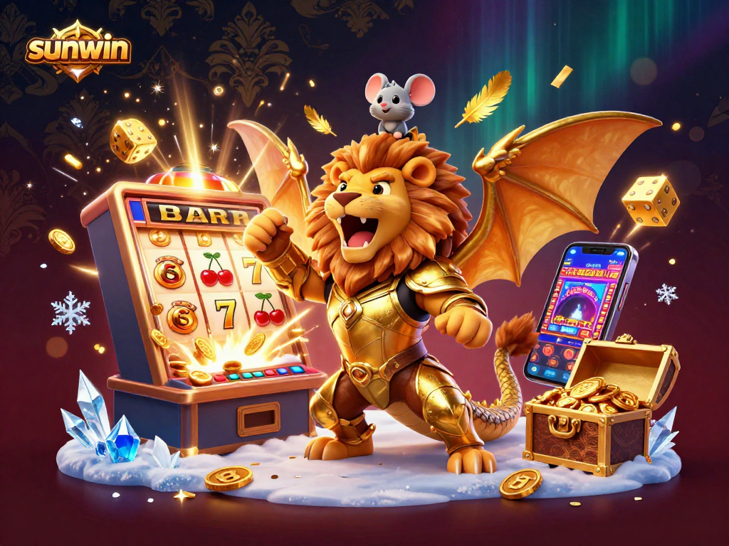 Experience winning excitement at sunwin with a chimera, slot machine, and gold treasures!