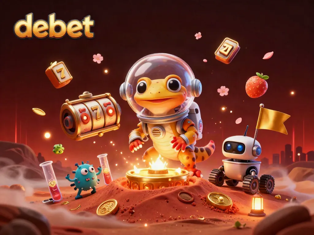Engage with debet at a vibrant Martian casino, featuring dynamic slot reels and festive lights.