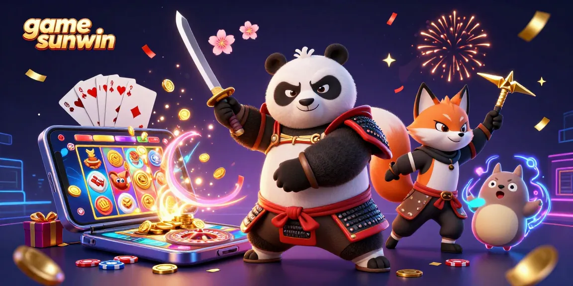 Engage with game sunwin through vibrant characters and colorful casino elements in this dynamic illustration.