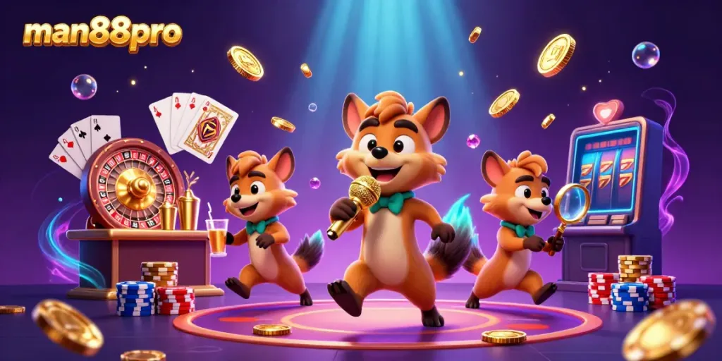 Engage with man88pro’s lively casino atmosphere with hyenas entertaining at the comedy club, mixing drinks, and checking IDs, surrounded by rich gaming elements.