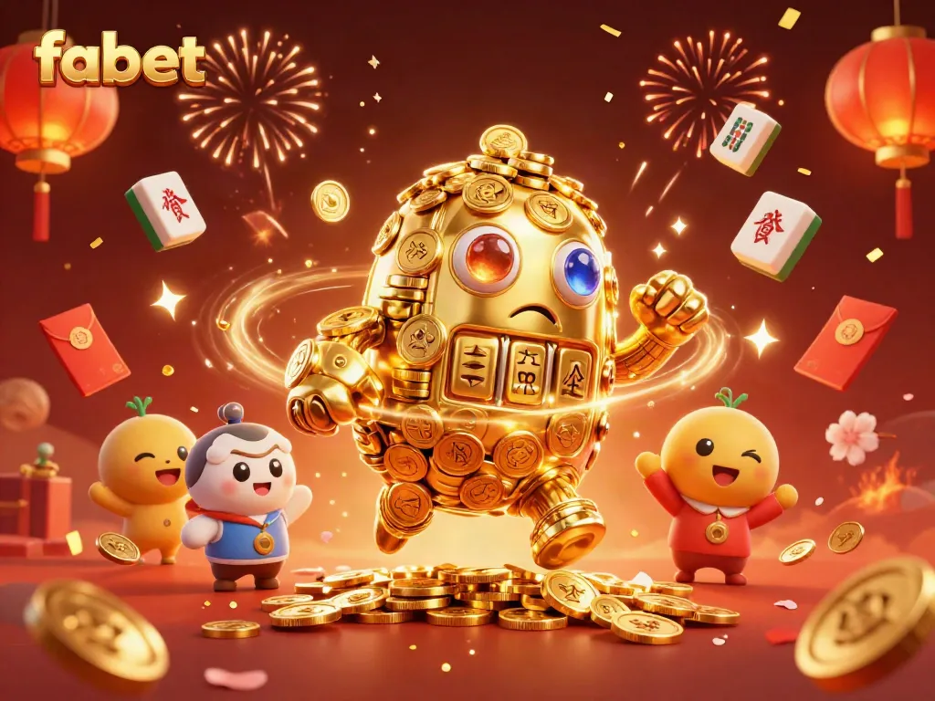 Experience the excitement of fabet with a golden golem amidst festive casino elements.