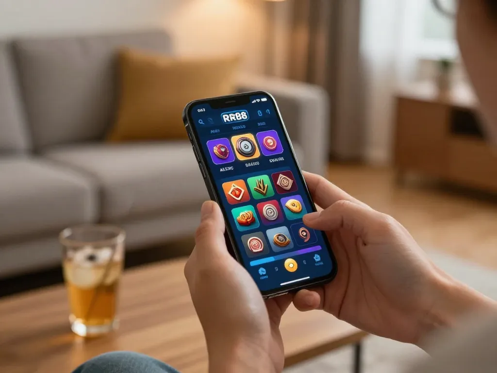 Using the RR88 apk app to enjoy online gambling in a cozy living room.