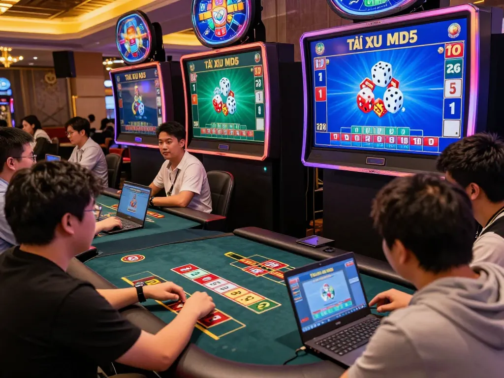 Players enjoying Tài Xỉu MD5 in a lively online casino atmosphere, showcasing vibrant graphics and engaging gameplay.