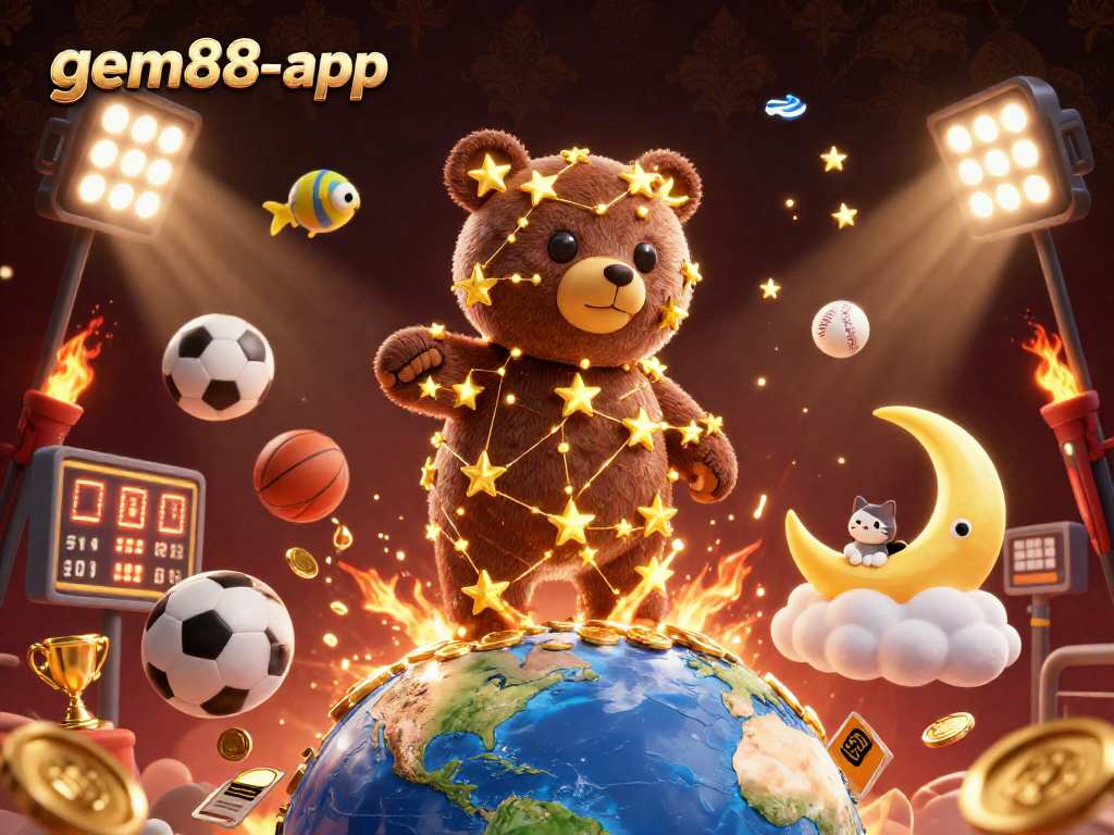 Bet on gem88-app with a whimsical scene filled with sports and casino elements.
