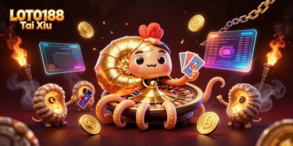 Experience LOTO188 Tai Xiu as the ancient nautilus engages with cards and glowing coins in a vibrant casino atmosphere.