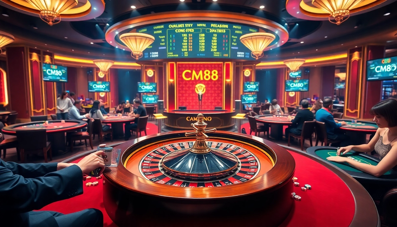 Experience the thrill of CM88 gaming with poker tables and roulette in a vibrant casino.
