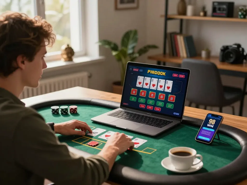 Client engaging in an online blackjack game using 98 WIN casino app for strategic betting.