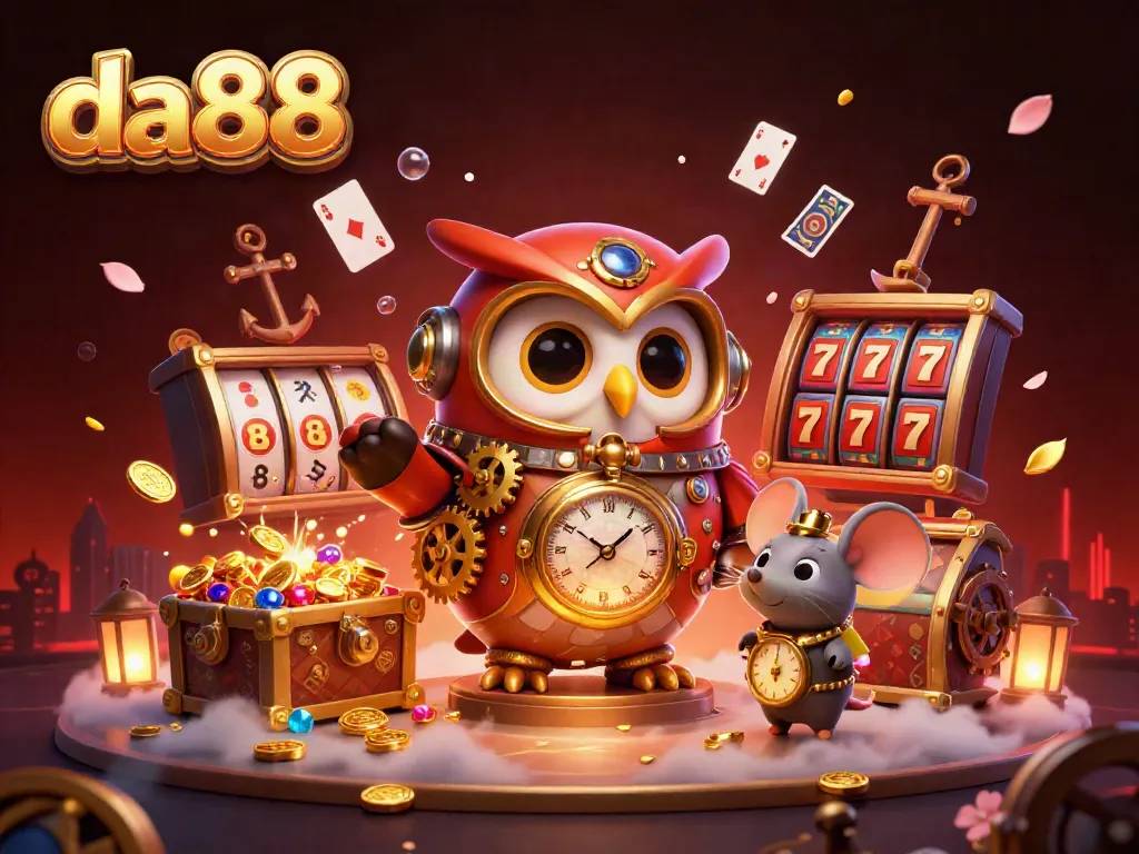 Experience the thrilling atmosphere of da88 with cartoon owl characters in a vibrant casino scene filled with slot reels and treasures.
