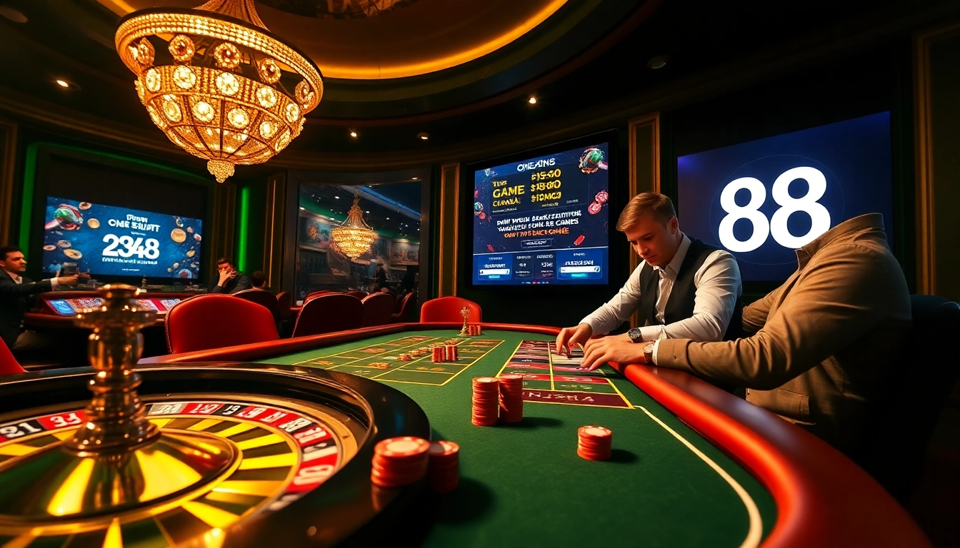 High-stakes poker action at one 88 casino with vibrant chips and a sophisticated dealer
