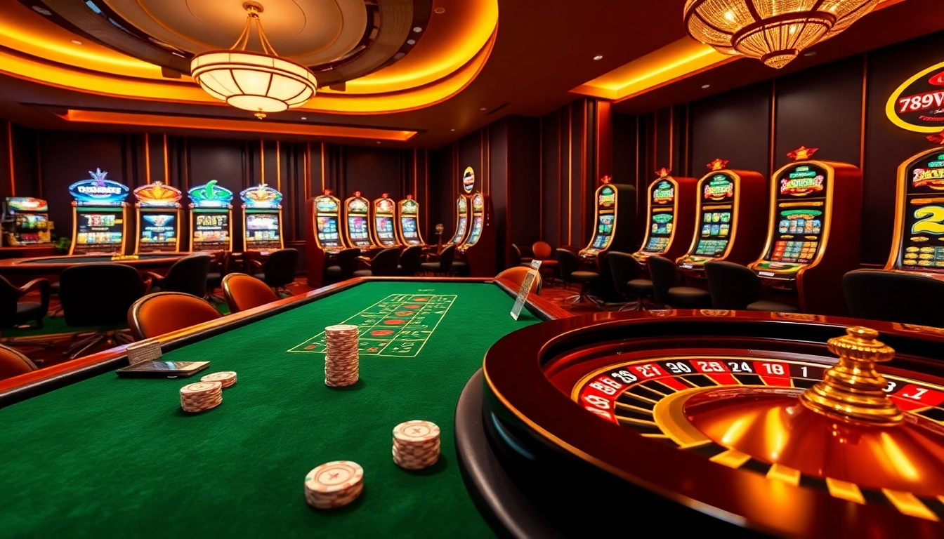 Experience the thrill of winning at 789win casino with an immersive gaming scene featuring poker tables, slot machines, and roulette wheels.