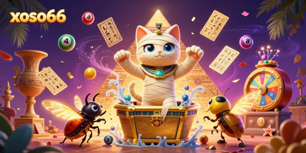 Experience exciting games at xoso66 with a dynamic scene featuring an Egyptian mummy cat and glowing scarab