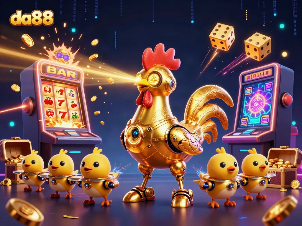 Experience thrilling gameplay at da88 with a futuristic golden rooster robot and vibrant casino elements.