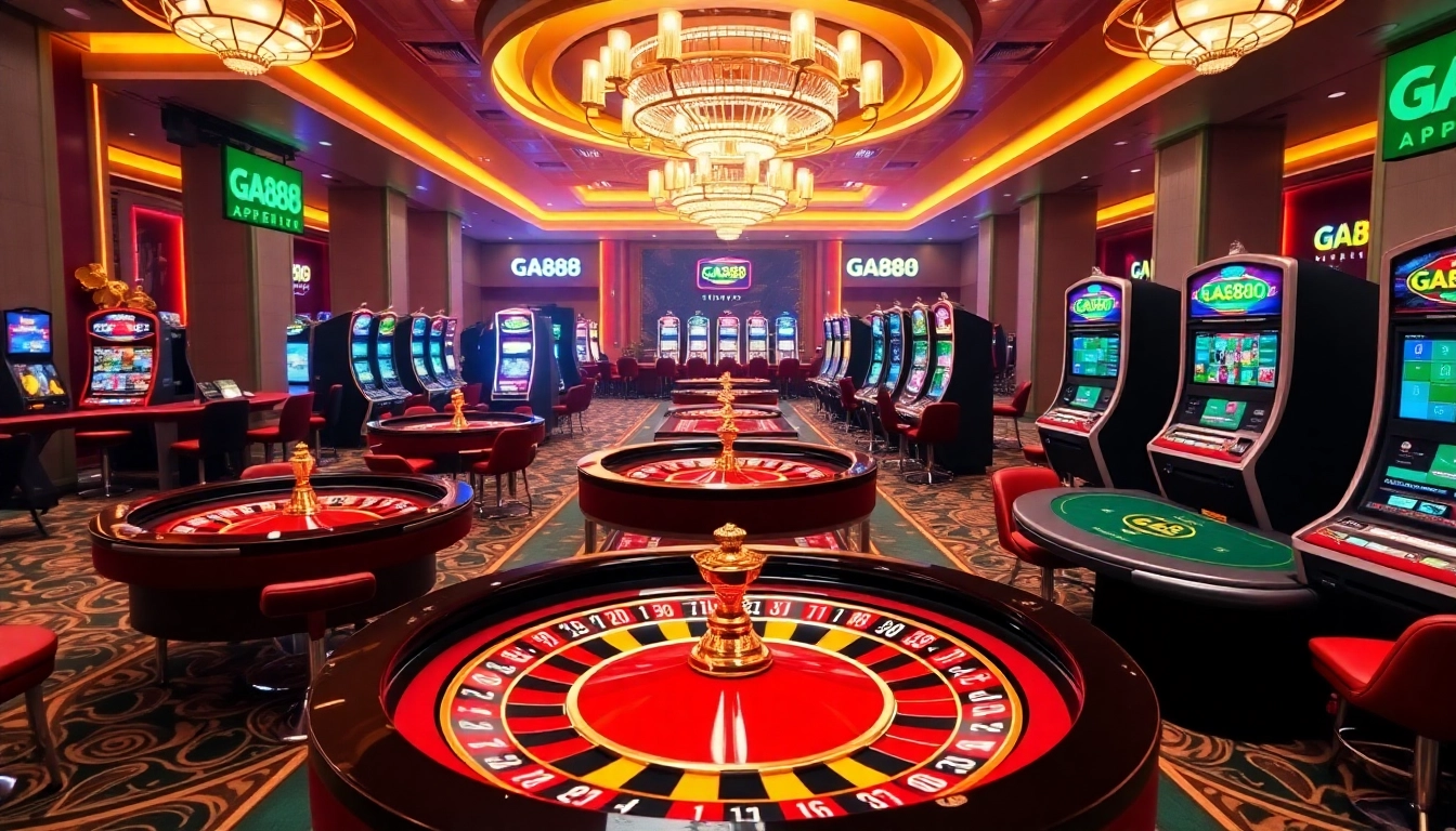 Experience the excitement of the GA888 APP with vibrant casino tables and dynamic gambling elements.