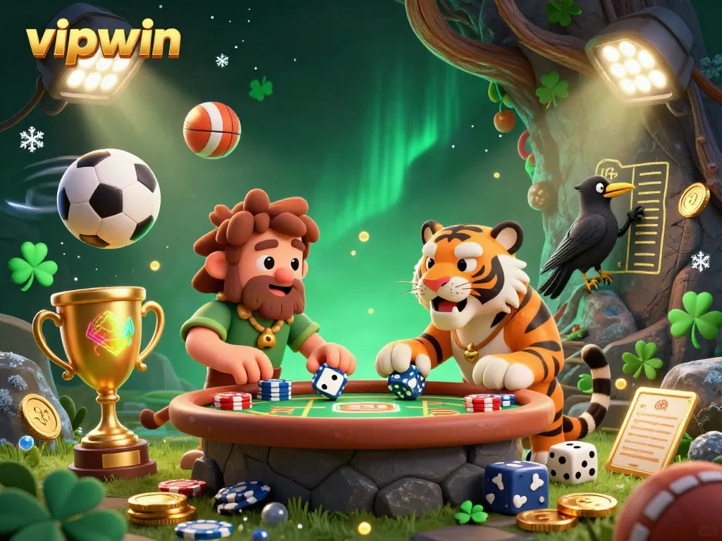 Experience the excitement of vipwin in a prehistoric casino setting with colorful sports elements and vibrant characters.