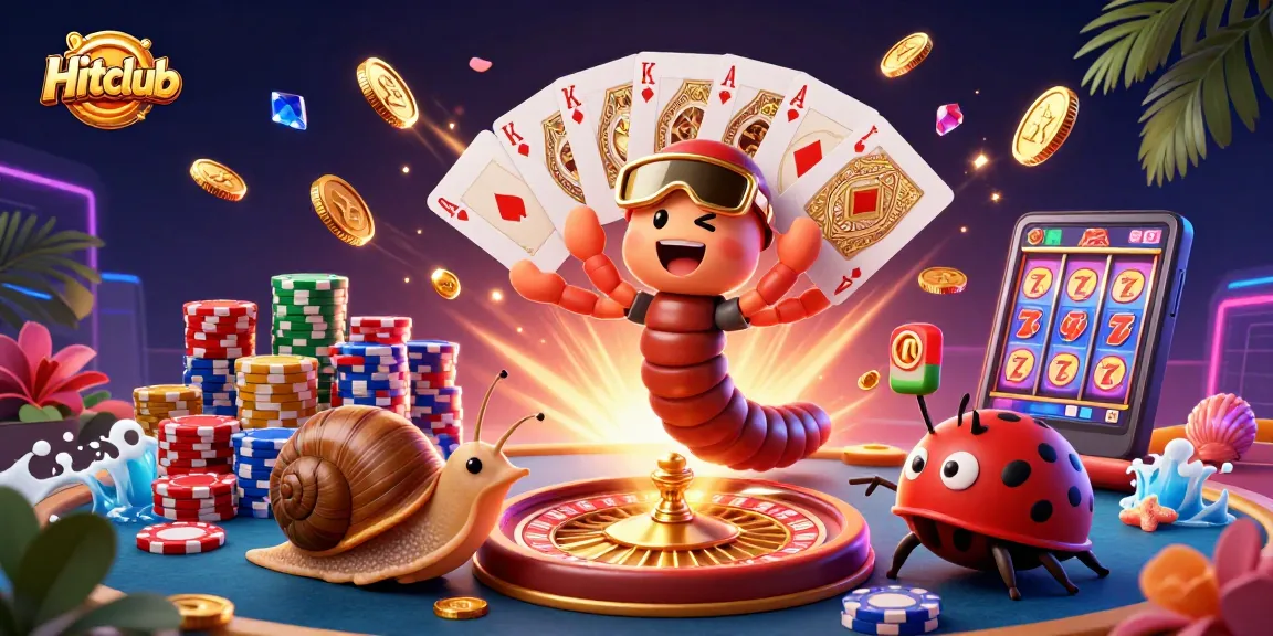 Hitclub gaming scene with a cartoon dealer, snail high-roller, and pill bug excitement for players.